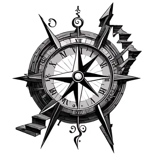 Broken Clock And Stair Way To Heaven With Compass Rose Intertwined