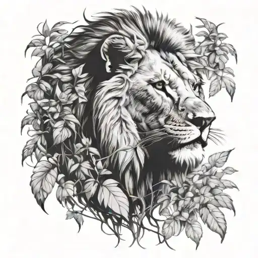 Lion Head Stalking Its Prey Hiding In Bushes