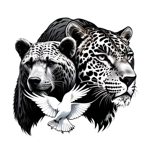 Brazilian Jaguar And California Bear With Biblical Dove In The Middle