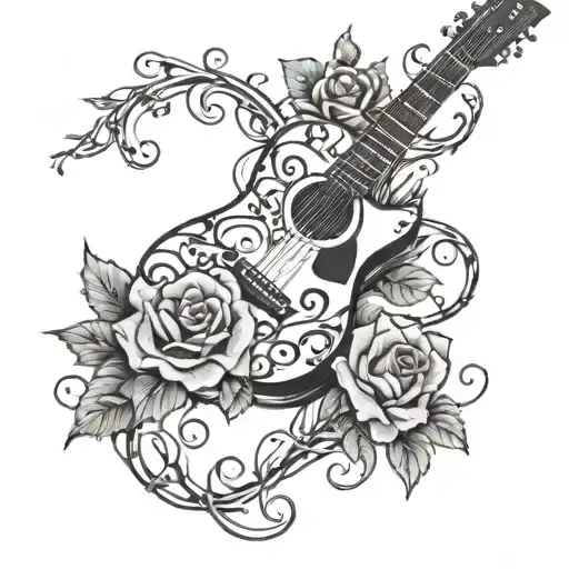Guitar With Vines Wrapping Around It And Roses Growing Off Of Vines