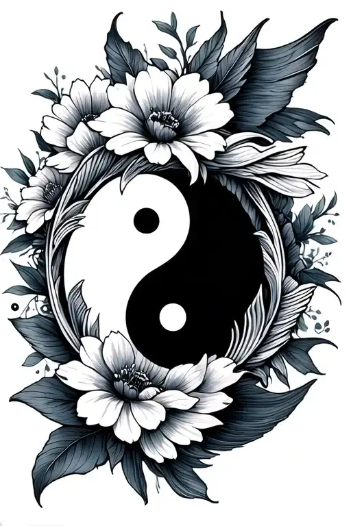 Religious Fish Mixed With Flower Bouquet Mixed With Yin Yang Symbol In A Line