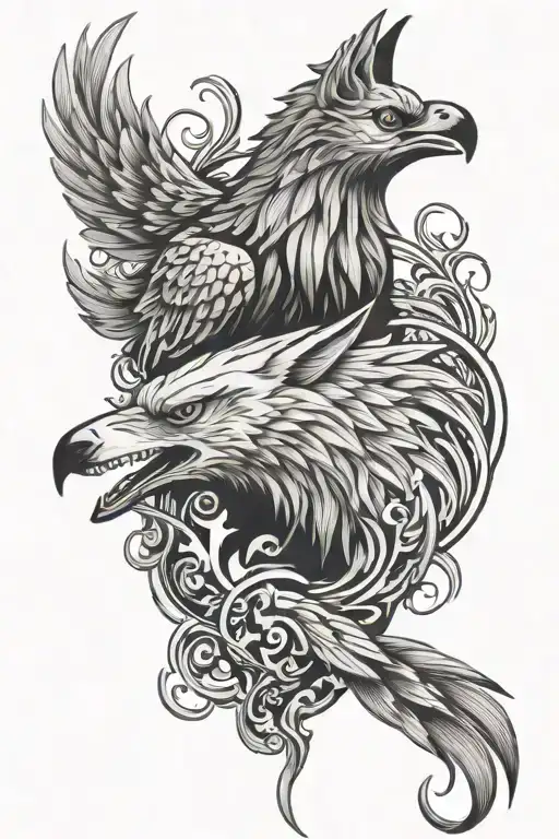 Phoenix Bird And Wolf Head Tattoo Holding