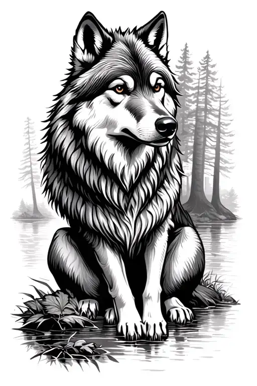 Sitting Wolf In The Forest Near The River