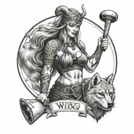 Viking Woman Holding A Mallet With A Wolf