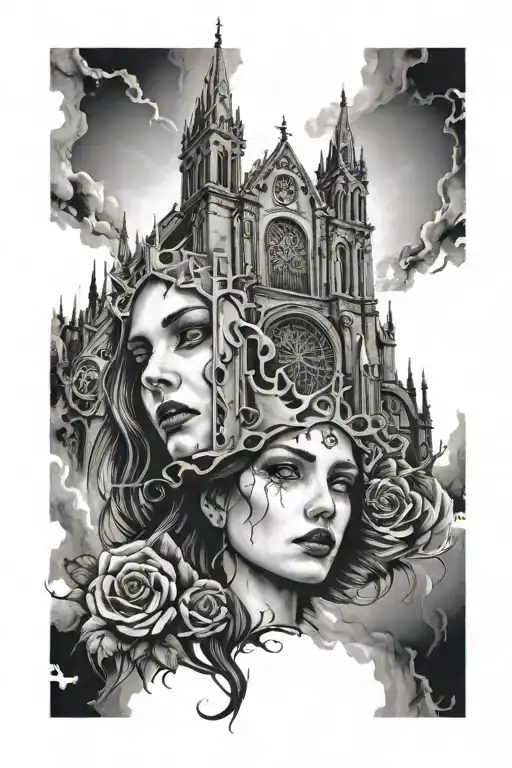 Woman Face With Gothic Church Coming Out Of Head