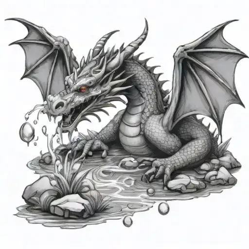 Dragon Drinking Water From Pond With Chrystals