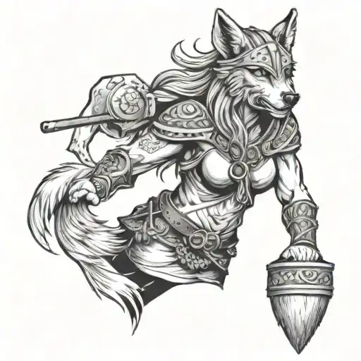 Viking Woman Holding A Mallet Transforming Into A Wolf
