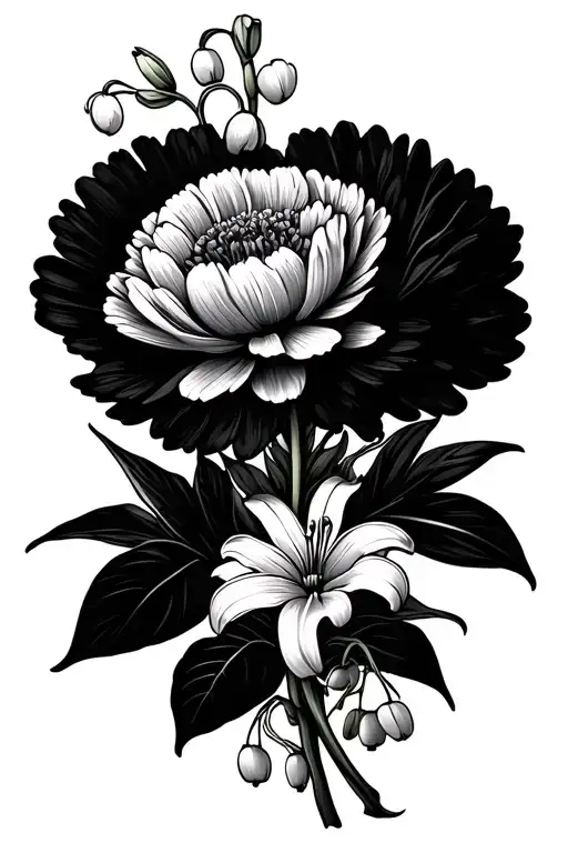 Simple Fine Line Floral Bouquet With One Marigold One Carnation And One Lily Of The Valley