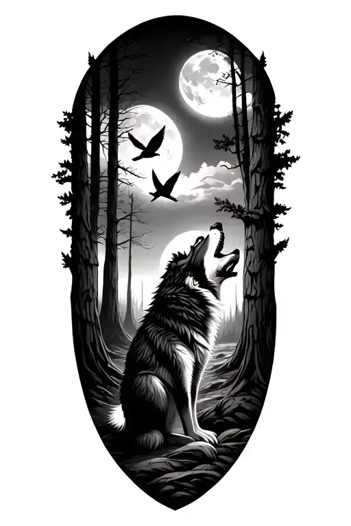 A Woods With Birds And A Wolf Howling At The Moon
