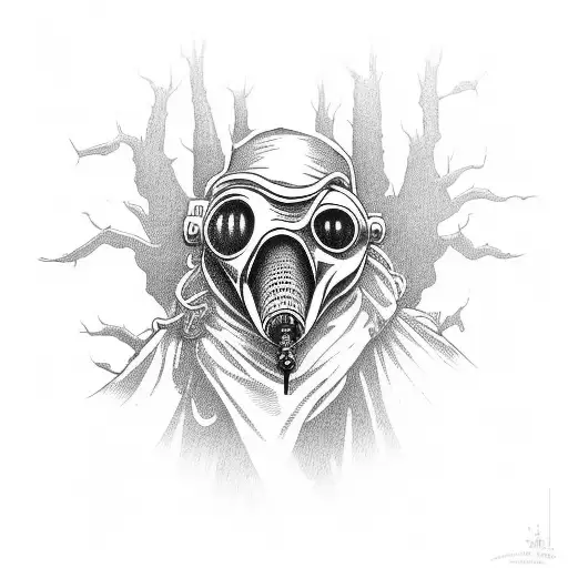 A Detailed Illustration Of A Plague Doctor Surrounded By A Dark And Eerie Forest