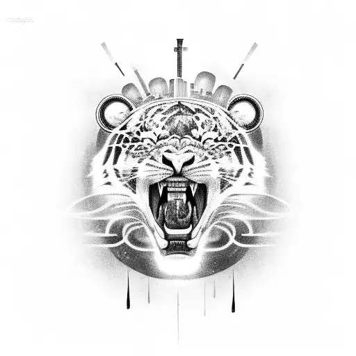 A Black-grey Tattoo Of A Laughing Tiger Surrounded By Music Notes