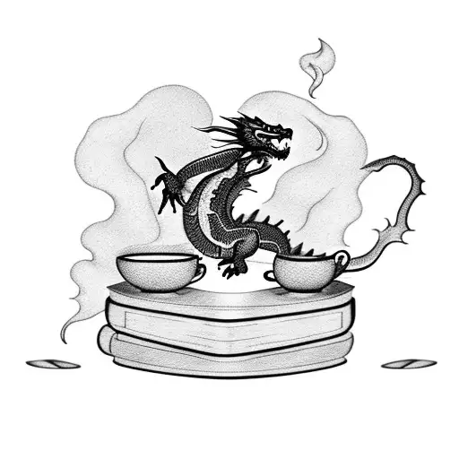Dragon Rising From The Smoke Of A Tea Cup Which Sits Next To A Book