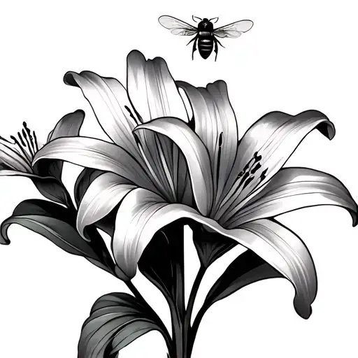 2 Lily Flowers With A Bee Flying Above It