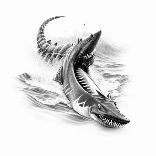 A Realistic Black And Grey Tattoo Of A Gyarados Resembling The Iconic Jaws Movie Poster