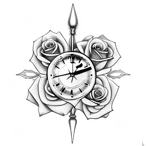 Clock And Three Roses
