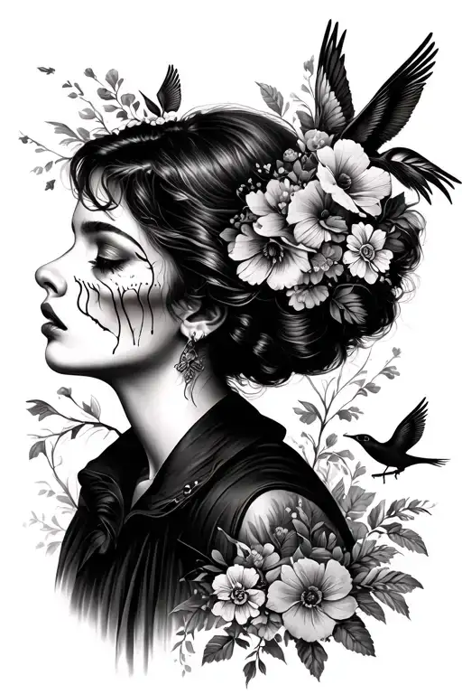 Vintage Woman Crying With Floral And Birds