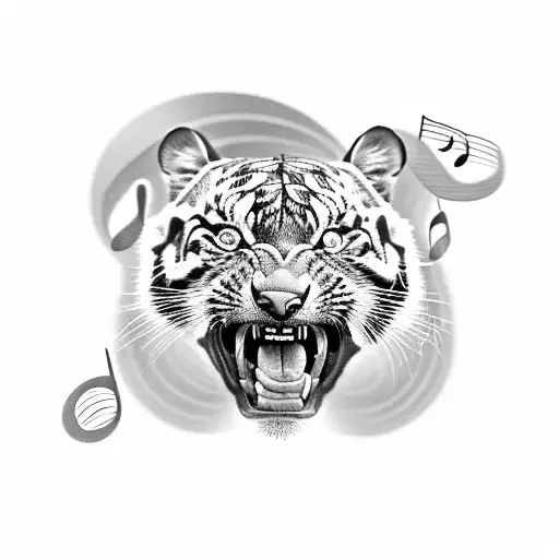 A Black-grey Tattoo Of A Laughing Tiger Surrounded By Music Notes
