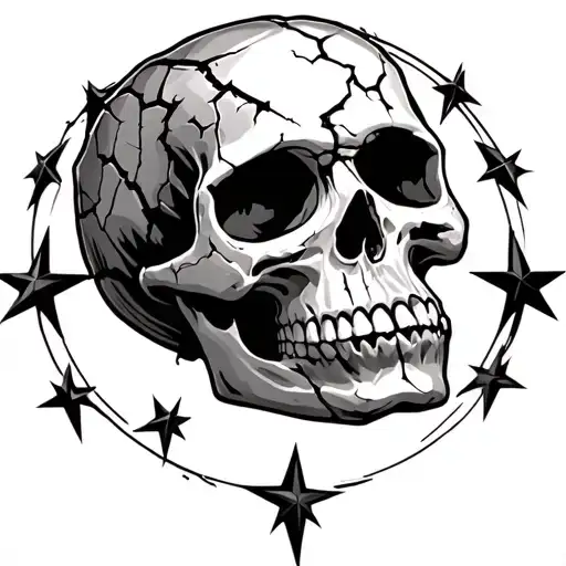 A Cracked Skull With Five Point Stars Around It In A Circle
