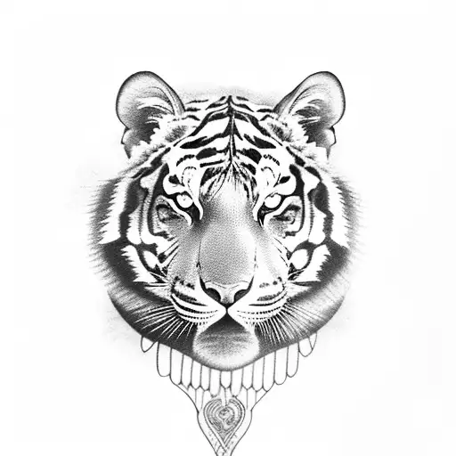 A Black And Grey Tattoo Of A Fierce Tiger Surrounded By Delicate Flowers
