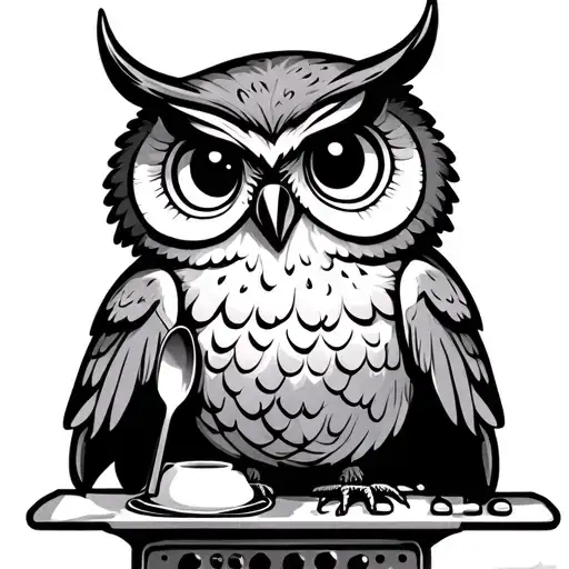 Cartoon Owl Perched On Kitchen Counter Holding A Spoon Baking