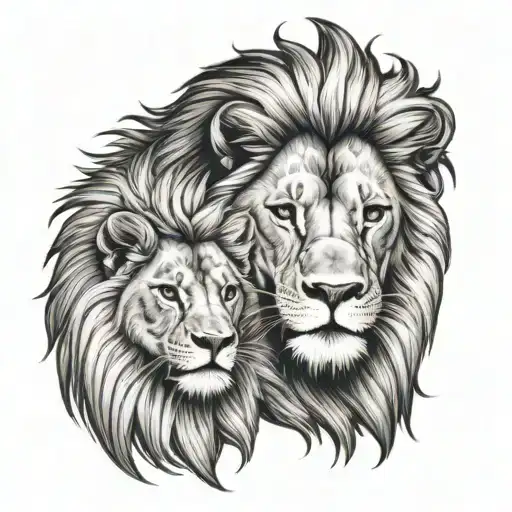 King Lion Head Looking And His Cub