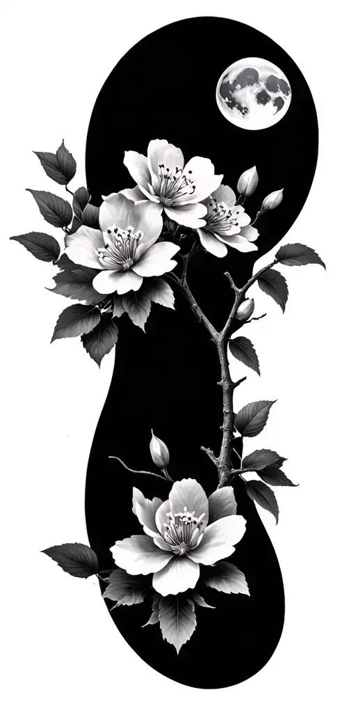 Japanese Cherry Flowers Without Branches With Moon