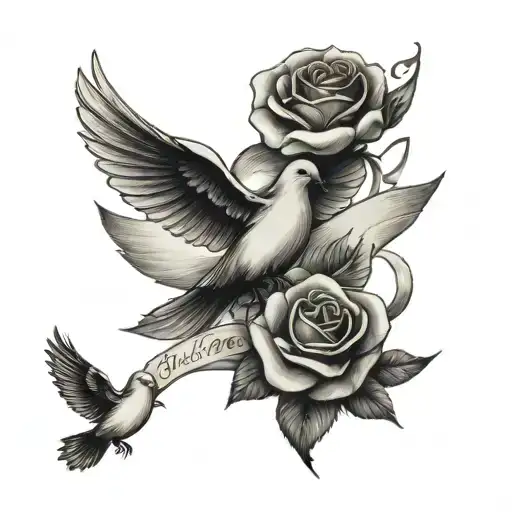 A Rose At The Bottom And A Dove At The Top With A Banner Going Through Them