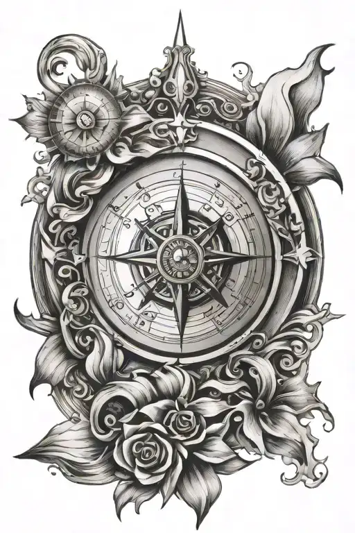 Clock Compass Rose Waves And Sun