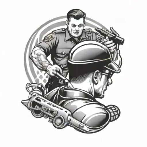 Design A Black-grey Tattoo Of A Police Officer Cutting Hair In A Barbershop Setting