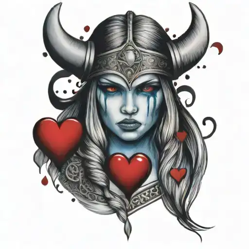 Beautiful Viking Woman Crying Blue Tears And Holding Red Hearts Facing Forward
