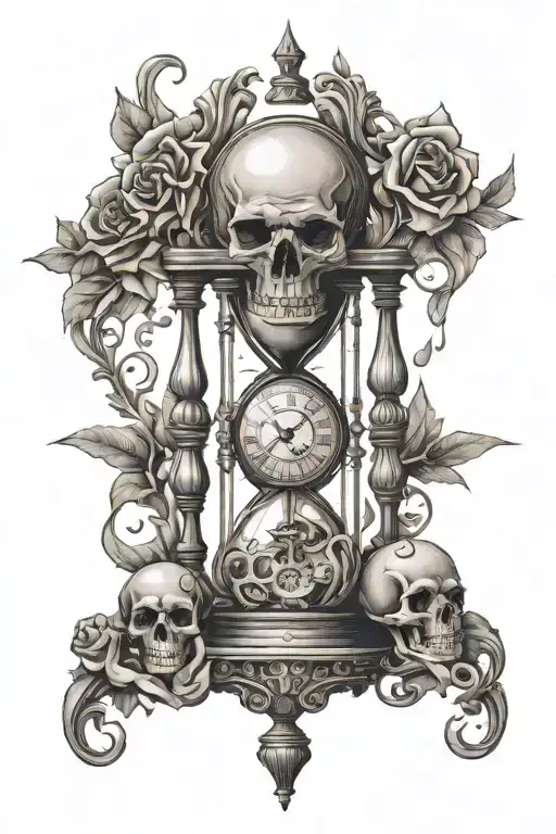 Hour Glass And Clock And Skulls