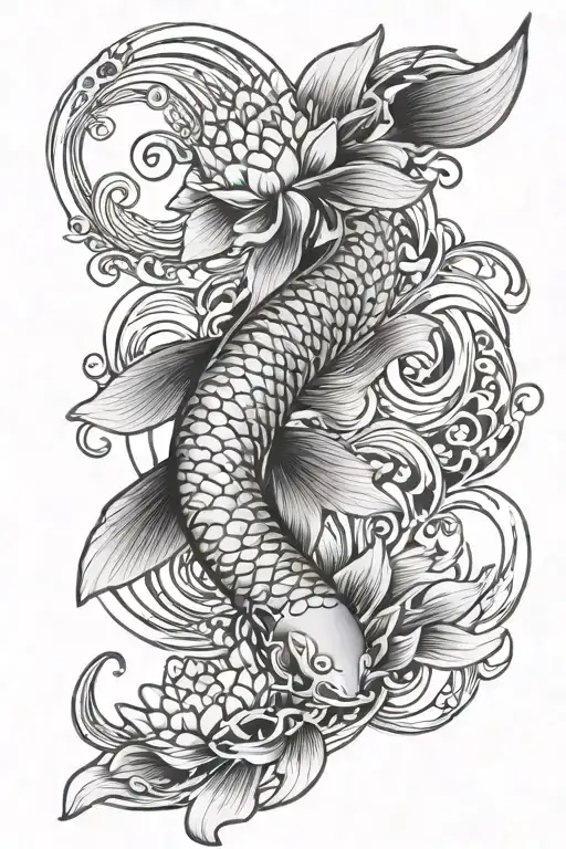 Koi Fish Swimming Upstream Waves And Lotus