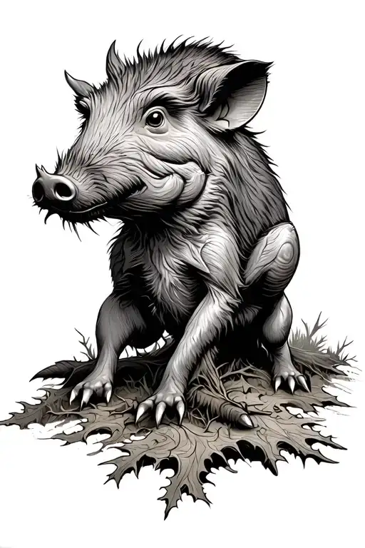 Wildhog And Oak Tree Trunk