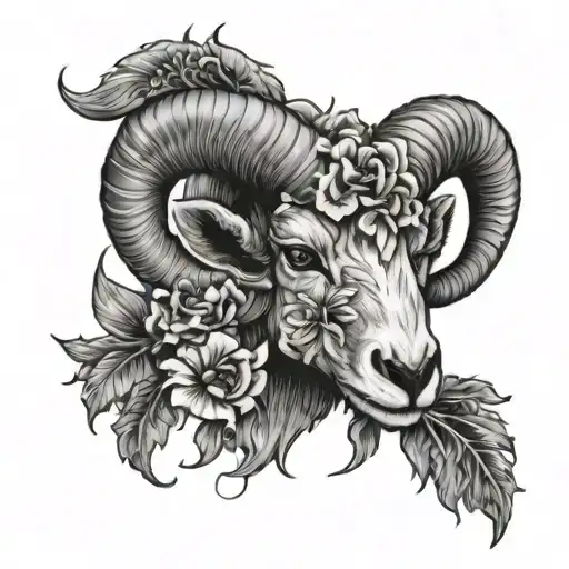 A Firey Aries Rams Head With Flowers