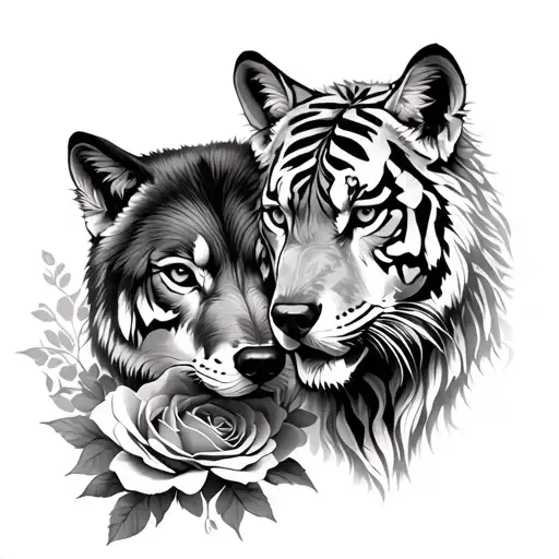 Tiger And Wolf Blended By Roses