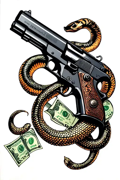 A Forearm Tatto Featuring Gun With A Snake Around It And Dollar And Ros