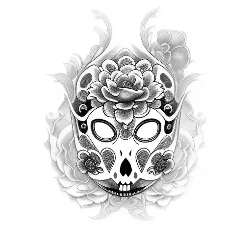 A Black And Grey Tattoo Of A Hanya Mask Adorned With Elegant Traditional Japanese Flowers