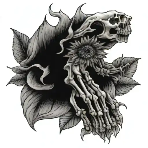 Skeleton Hand Holding Sunflower Blooming
