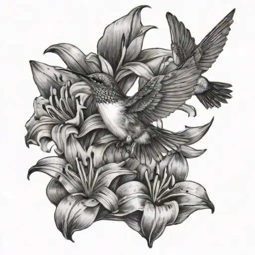 Hummingbird Feeding From Lillies