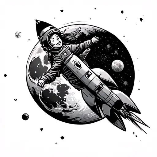 Teenager Riding A Rocket Circling The Moon Surrounded