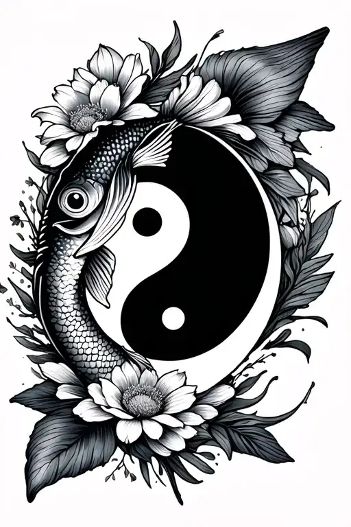 Religious Fish Mixed With Flower Bouquet Mixed With Yin Yang Symbol In A Line