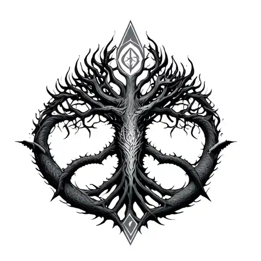 Yggdrasil And Jormungandr With Norse Geometric Background