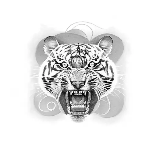 A Black-grey Tattoo Of A Laughing Tiger Surrounded By Music Notes