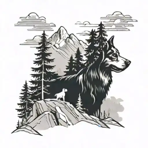 Mountain With Trees And Dog Sitting