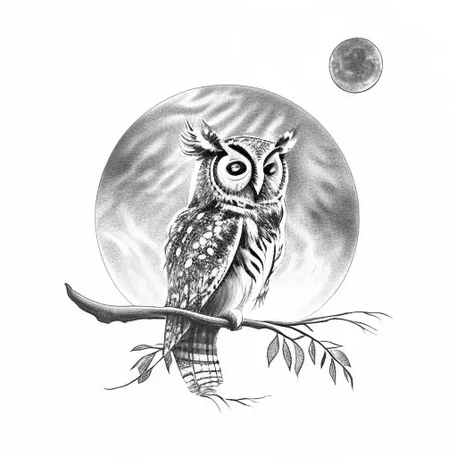 Owl Sitting On Rose With Crescent Moon In Background