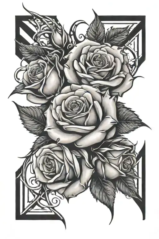 Roses With Thorns Wrapped Around Bicep With Three Roman Numeral Stripes