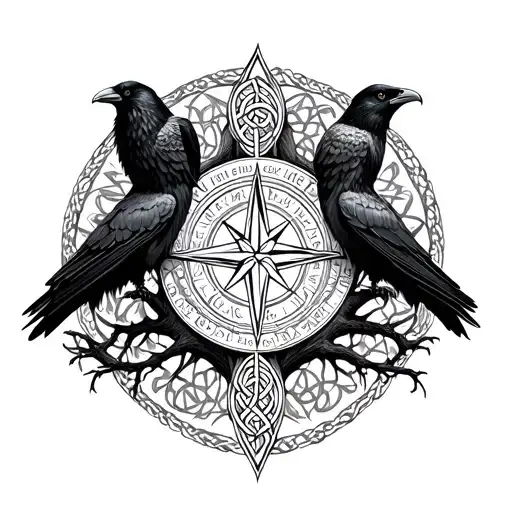 The Tree Of Life With Viking Compass Celtic Knot Pattern And 2 Ravens