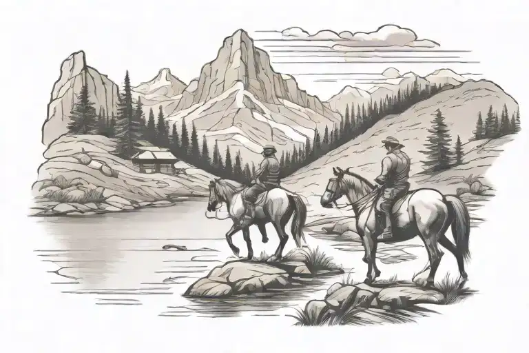 Horses On A Winding Mountain Trail With A Lake In The Background With Someone Fishing At The Lake