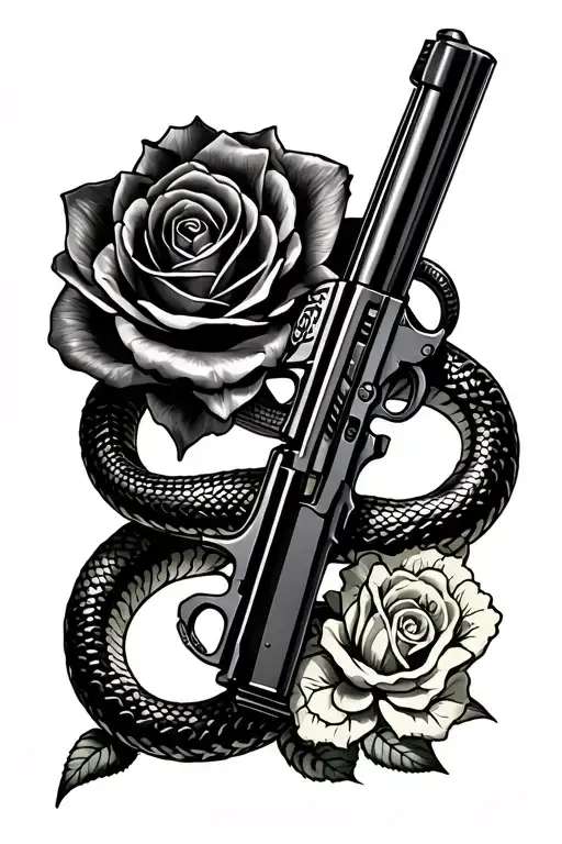 A Forearm Tatto Featuring Machinegun With A Snake Around It And Rose And Dollar By Side