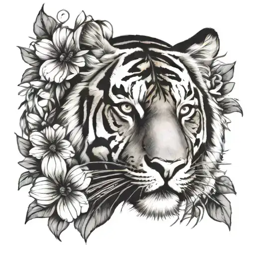Tiger Face With Flowers
